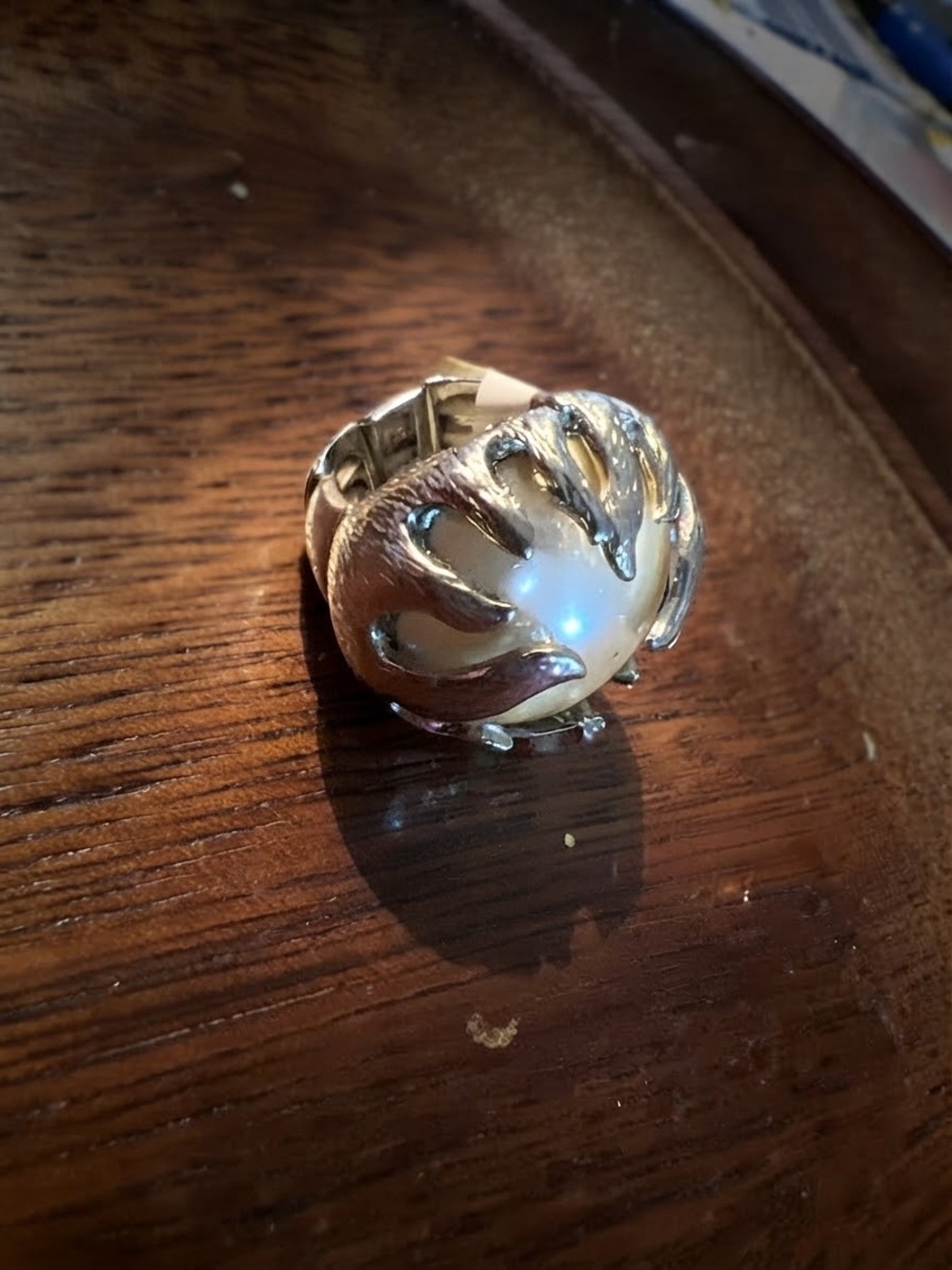 Silver-Tone Ring with Cream Pearl Cabochon